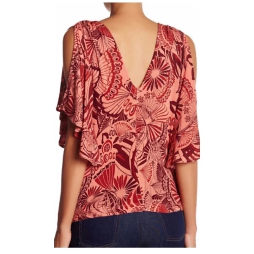 Free People Amour Split Sleeve Top Butterfly Floral Flowy Boho V-Neck Size Small